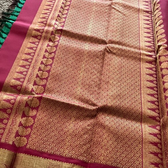 Kanchipuram Pure Silk Saree Green with Red Zari Border & Rich Pallu | Bl. Fabric - Picture 6 of 14